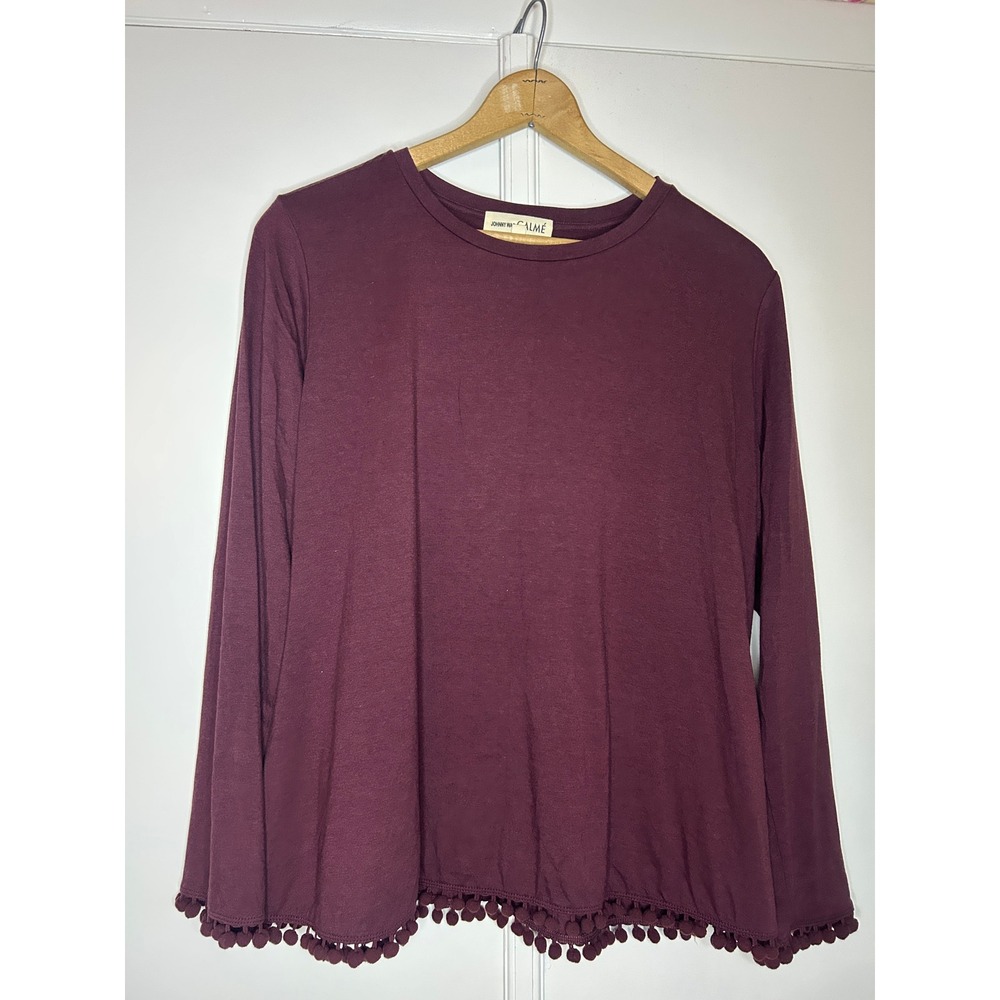 Johnny Was Calme Burgundy Bamboo Cotton Pom Pom Trim Long Sleeve Top L